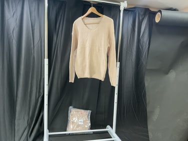 Beige Knit V-Neck Pullover Sweater, Size Medium