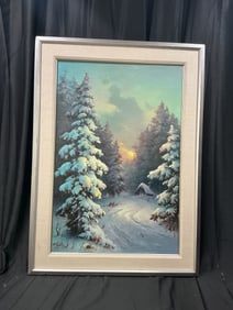 Garin Winter Sunset Signed 1982 Oil Painting