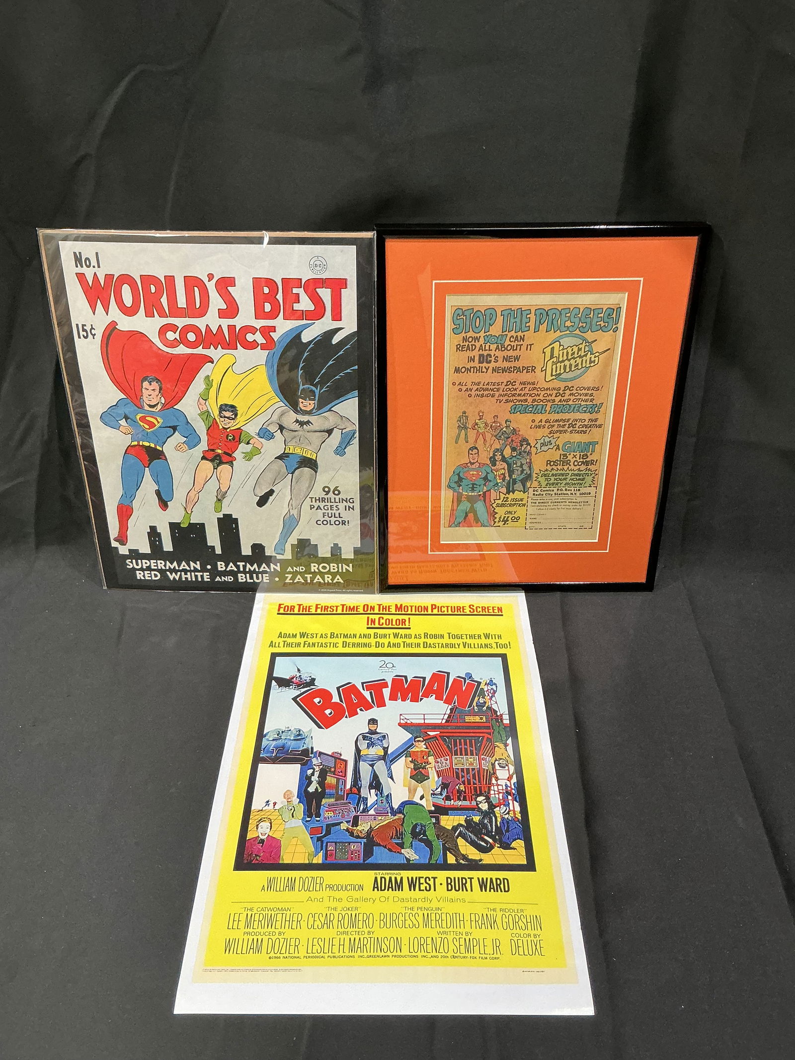 Batman & DC Classics Lot (3 items): World's Best Comics Facsimile; Vintage DC Ad Poster (framed); (1 of 1)
