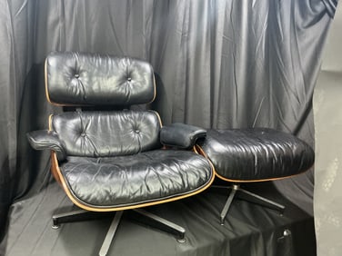 Mid-Century Eames Lounge Chair and Ottoman, Black Leather & Rosewood