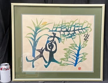 Japanese Modern Woodblock Print -Abstract Figures with Dog and Corn Plant (Artist' Red Seal)