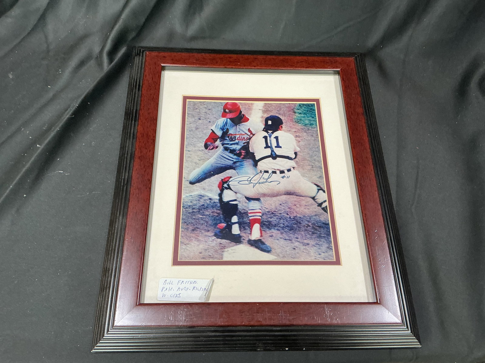 Bill Freehan Signed 8x10 Framed Photo with COA: Framed 8x10 photograph signed by Detroit Tigers catcher Bill Freehan, shown in action at home plate. Includes Grandstand Sports certificate of authenticity.