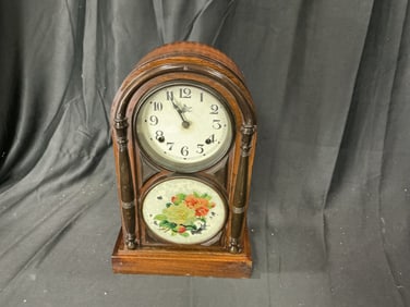 Vintage Japanese Wooden Mantel Clock with Floral Reverse Glass Panel