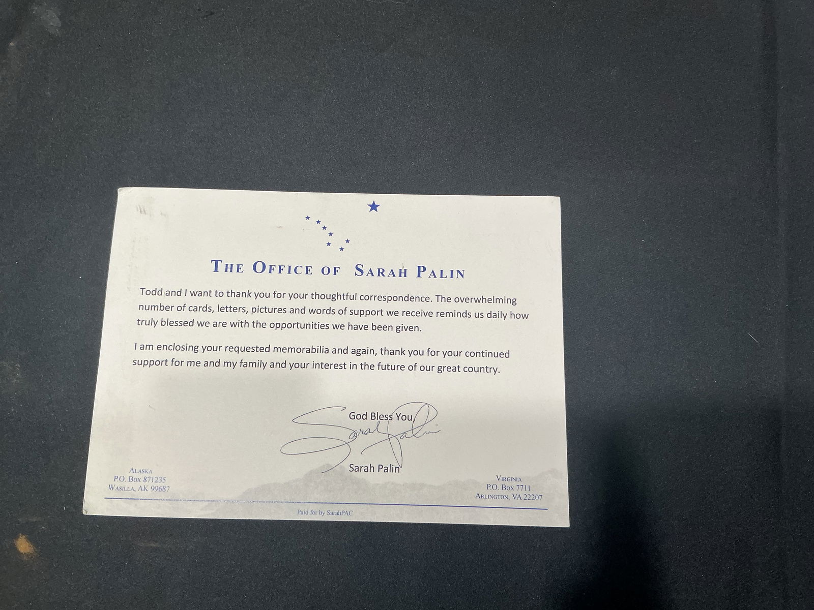 Sarah Palin Signed Official Thank-You Letter on Personal Letterhead: Full-size letter on “The Office of Sarah Palin”letterhead signed “God Bless You”