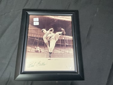 Bob Feller Signed & Framed Vintage Sepia Action Photograph