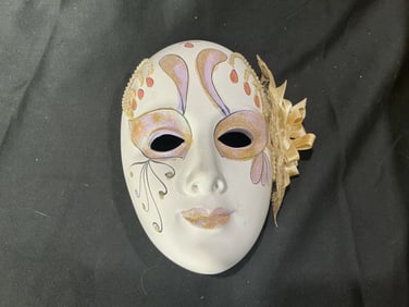 Decorative Venetian-Style White Mask with Gold Glitter Accents and Ribbon Floral Accent