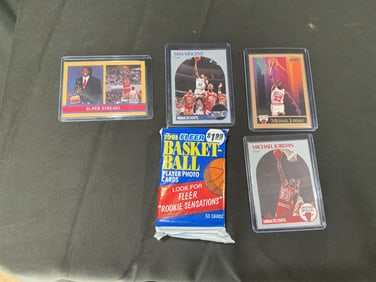 Michael Jordan & Sam Vincent Basketball Card Group with Unopened 1991 Fleer Pack