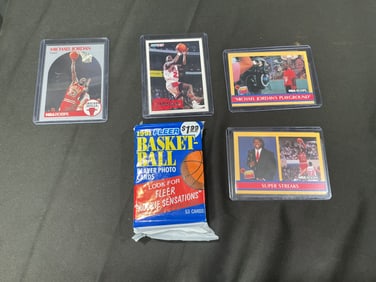 Michael Jordan NBA Hoops Card Group with Two Feature Cards and Unopened 1991 Fleer Pack