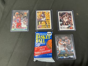 Shaquille O’Neal & Clarence Weatherspoon Card Group with Unopened 1991 Fleer Pack