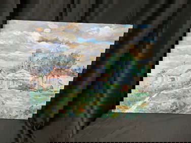 Impressionist Landscape with Village and Church, Signed “W.King”