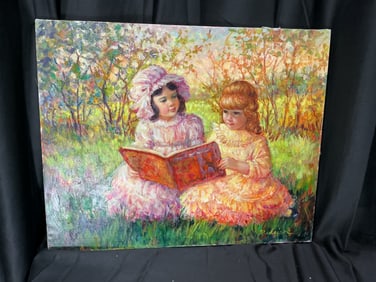 “2 Girls with Book” Oil Painting Signed Myrle Medeiros