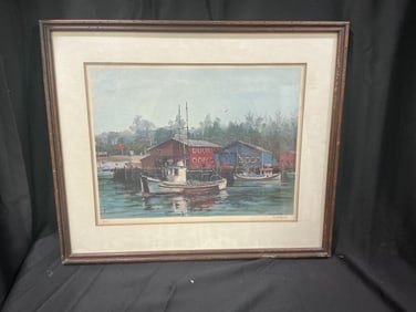 B. Gregory Limited Edition Lithograph  Coastal Fishing Village Harbor Scene (1/300)