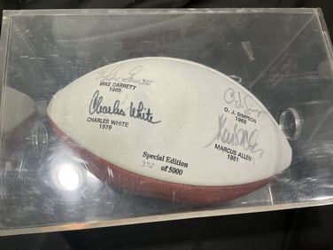 USC Heisman Winners Multi-Signed Football in Display Case
