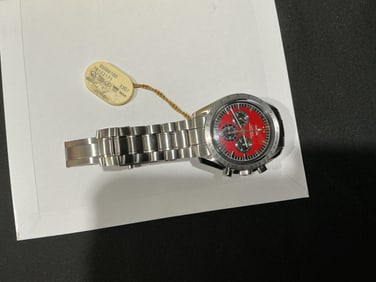 Unworn Omega Speedmaster Automatic Chronograph Wristwatch with Red Dial, Box and Papers