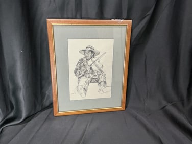 Framed Figurative Pen & Ink Drawing of Fiddler