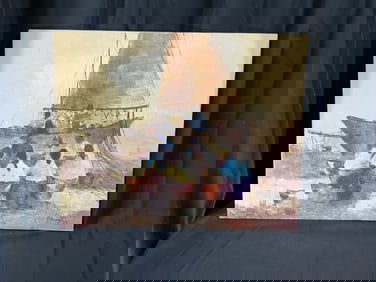 Signed Figurative Harbor Scene Oil Painting