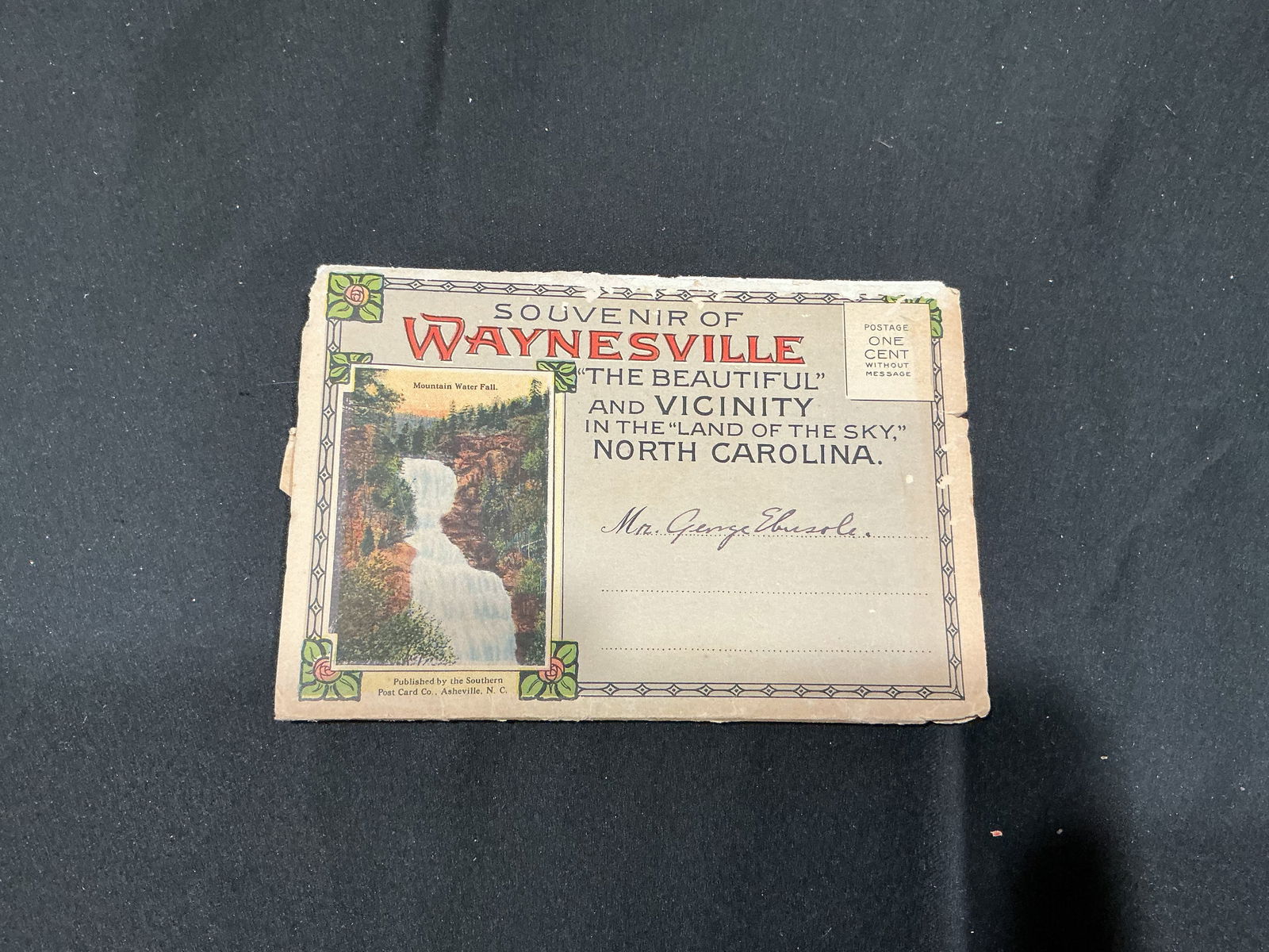 Souvenir of Waynesville The Beautiful and Vicinity in the Land of the Sky, North Carolina: Charming early 20th-century fold-out souvenir booklet titled Souvenir of Waynesville ‘The Beautiful' and Vicinity in the ‘Land of the Sky,' North Carolina. Published by The Southern Post Card Co.