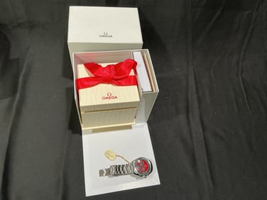 Unworn Omega Speedmaster Automatic Chronograph Wristwatch with Red Dial, Box and Papers