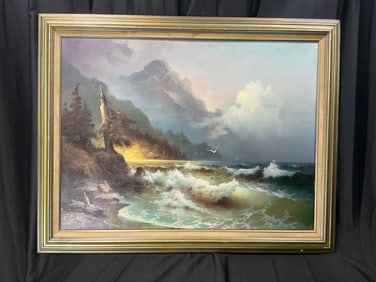 Signed Garin Coastal Seascape Oil Painting, 1978