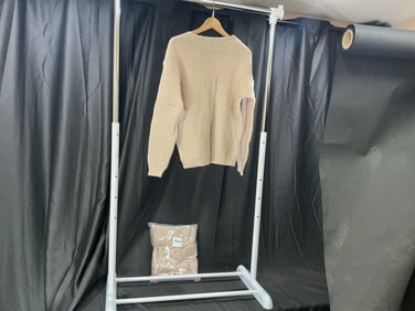 Beige Knit V-Neck Pullover Sweater, Size Medium