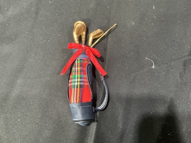 Miniature Golf Bag Ornament with Brass Clubs and Tartan Fabric