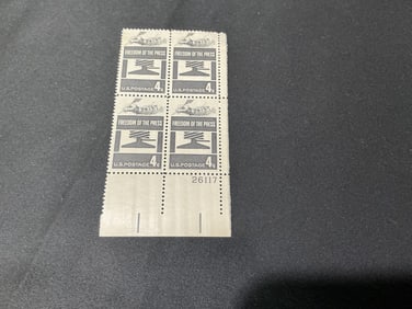 U.S. 4c Freedom of the Press commemorative plate block of 4