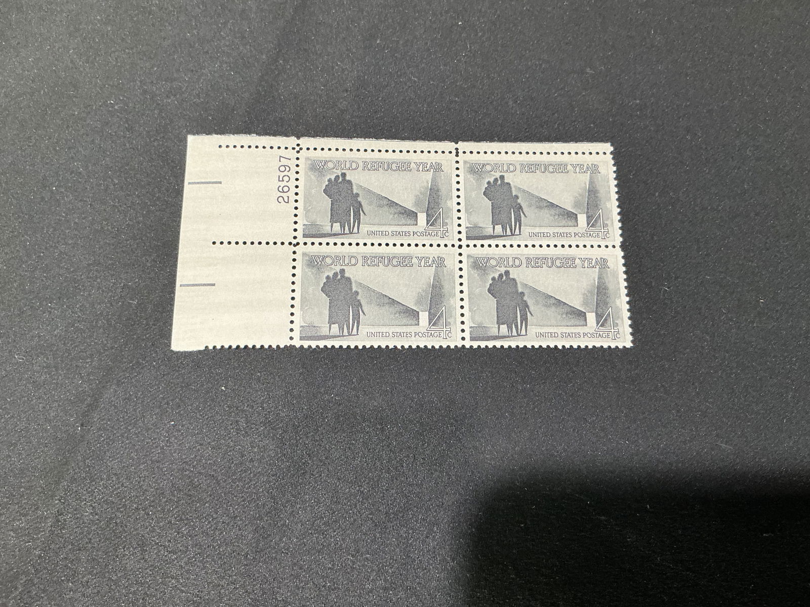 U.S. 4c World Refugee Year commemorative plate block of 4 (1 of 1)