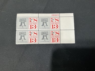 U.S. Air Mail 13cLet Freedom Ring Liberty Bell plate block of 4