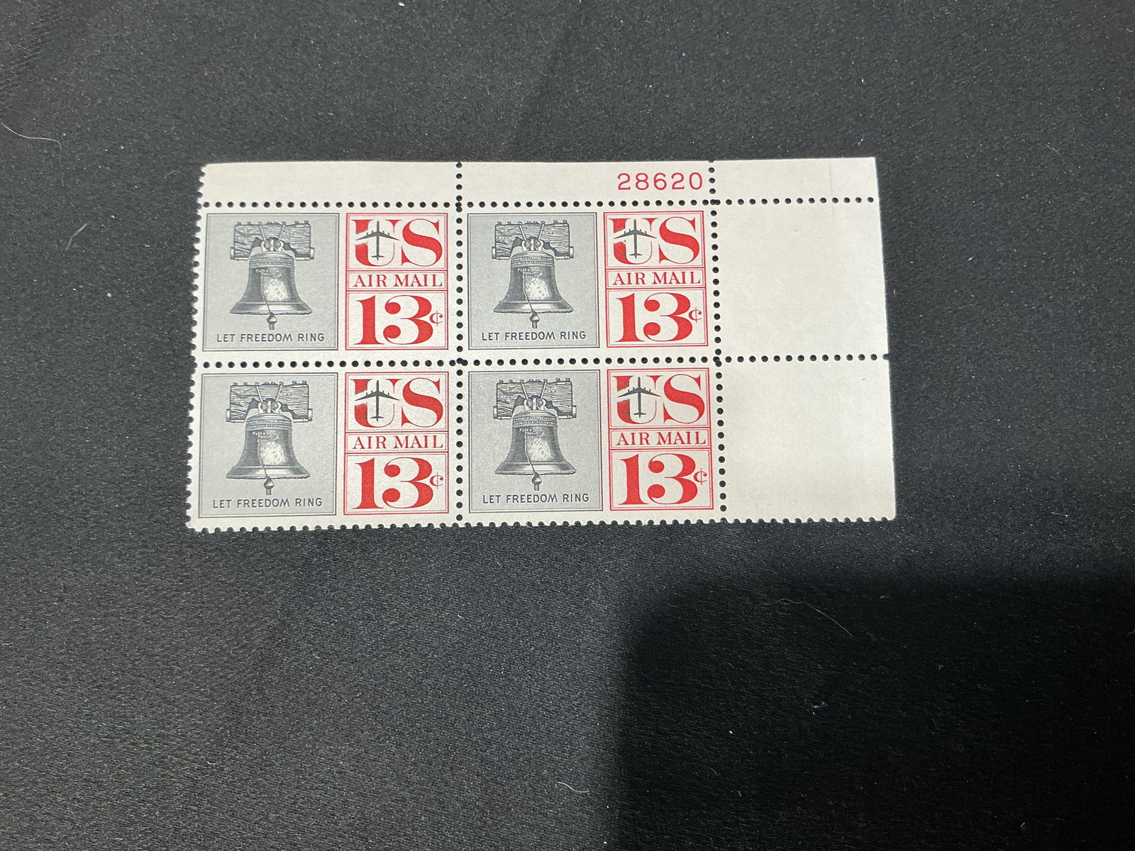 U.S. Air Mail 13cLet Freedom Ring Liberty Bell plate block of 4 (1 of 1)