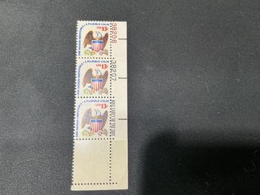 U.S. 13cOne Nation Indivisible eagle strip of 3 w/ slogan margin