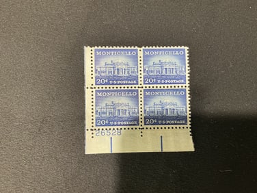 U.S. 20c Monticello plate block of 4