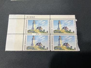 U.S. 6c Maine Statehood 1820-1970 lighthouse plate block of 4