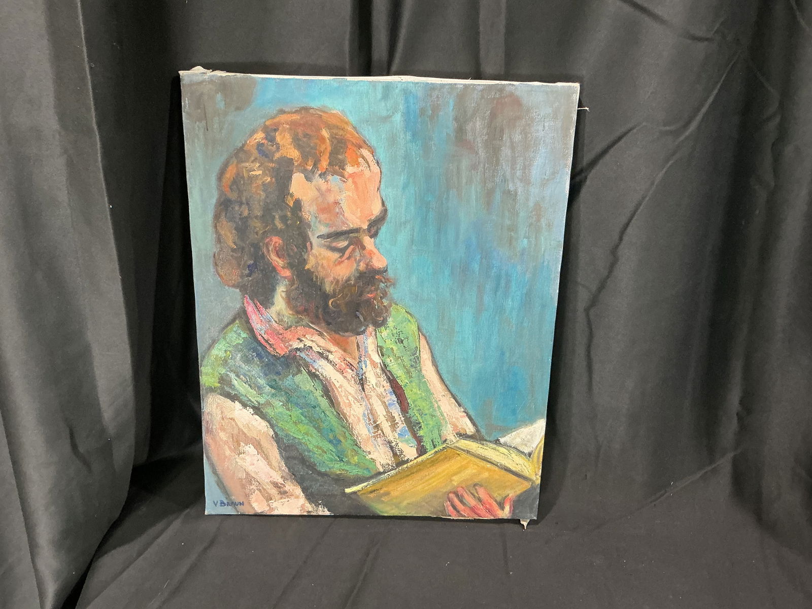 Signed Portrait Painting of Bearded Man Reading Book (1 of 3)