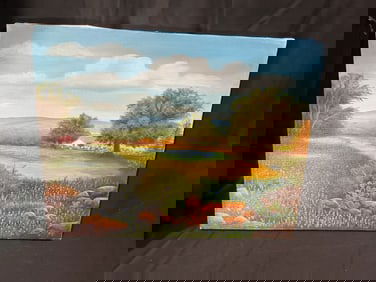 Signed Landscape Painting with Wildflowers and Farmhouse by Paul Tilley