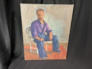 Signed Seated Portrait Painting of Man in Purple Shirt by Gotlop