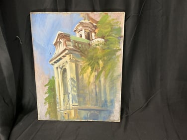 Signed Architectural Landscape Painting of Classical Building by Gotlop