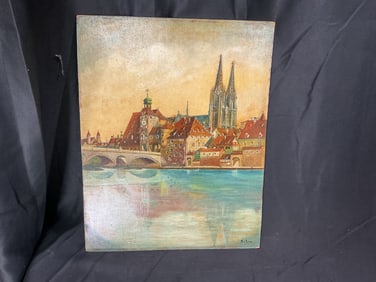Signed European Cityscape Painting with Cathedral and River by Sikra