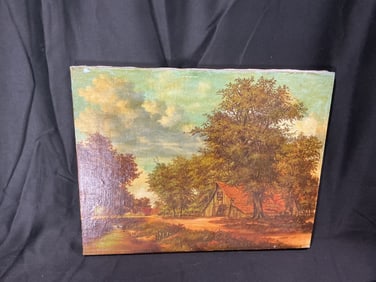 Vintage Rustic Landscape Painting with Farmhouse and Trees
