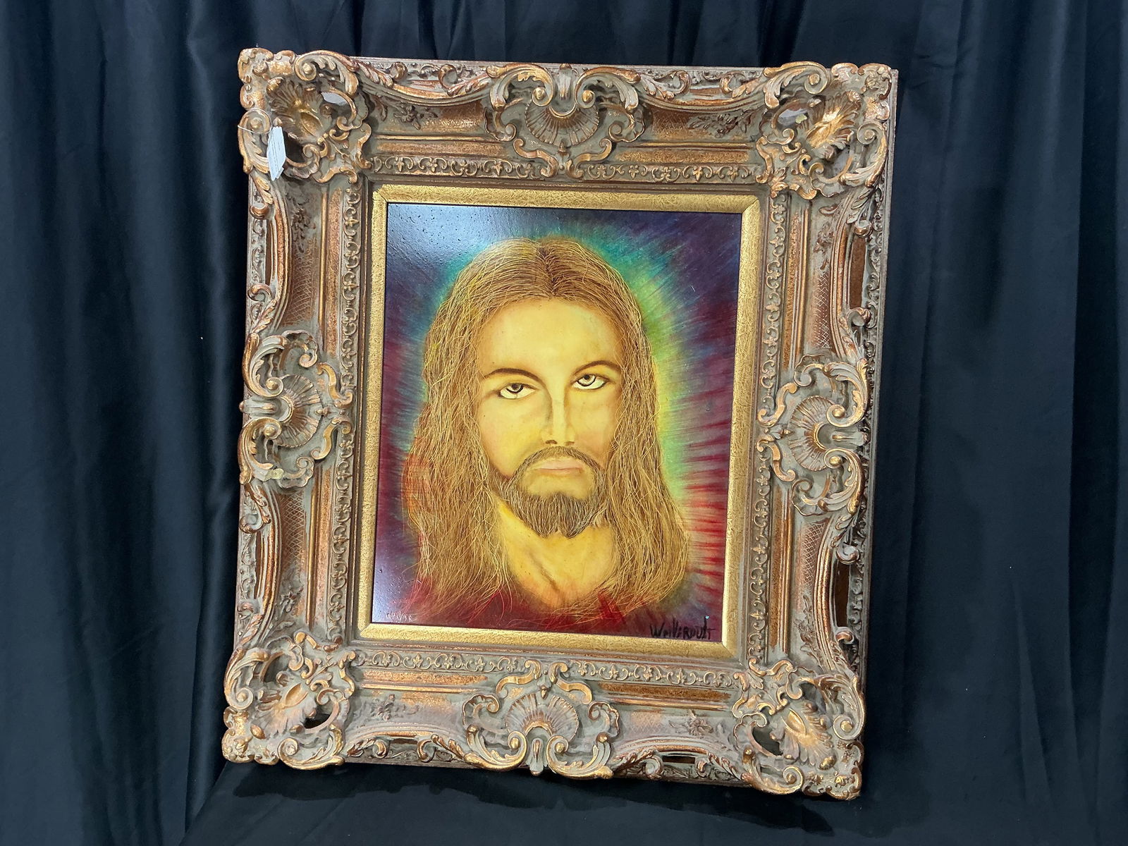 Framed Religious Portrait Painting of Jesus Christ, Signed by Verdult: Ornate framed portrait painting of Jesus Christ, signed lower right W Verdult'. Large decorative gilt frame. Appears hand-painted on board. Includes rear view.