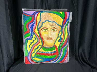 Signed Abstract Portrait Painting with Multicolor Swirl Background