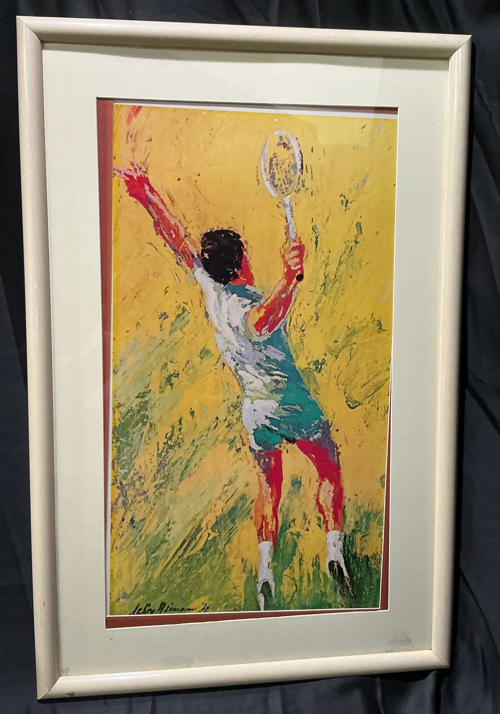 The Big Serve by Leroy Neiman: Vibrant and energetic Collector's Print of 'The Big Serve' by world-renowned artist Leroy Neiman, celebrated for his bold use of color and dynamic depictions of athletes in motion. This work captures