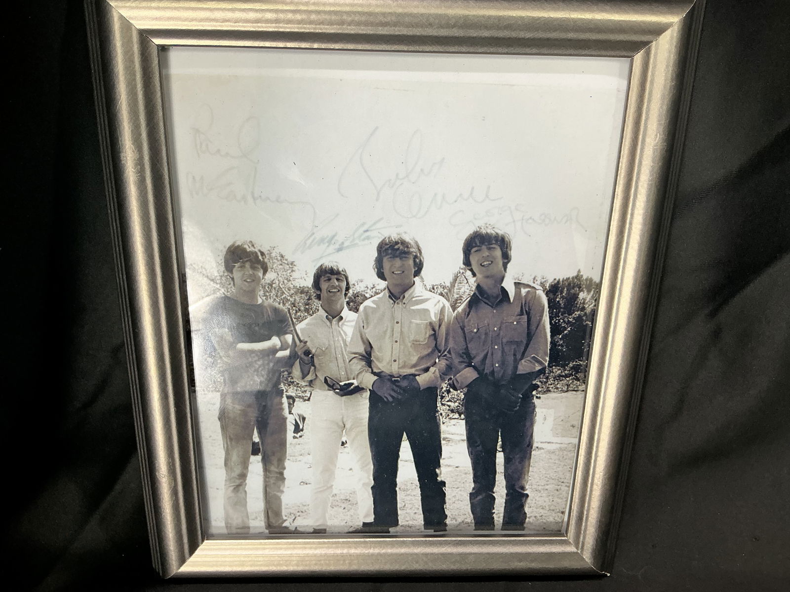 Framed vintage black-and-white group photograph of the Beatles with signatures (1 of 2)