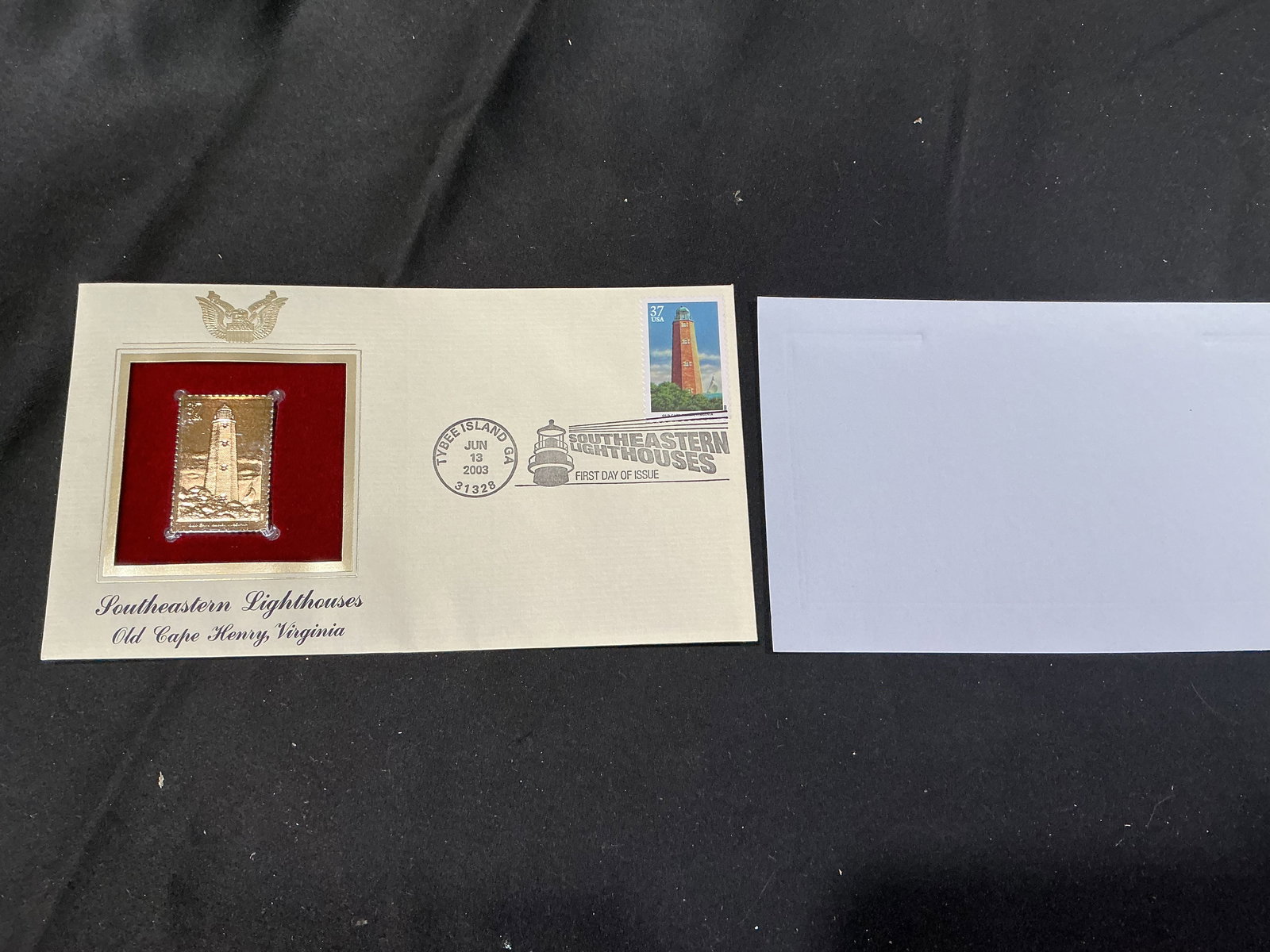 Southeastern Lighthouses Old Cape Henry Virginia Commemorative FDC: 22kt gold foil replica of the 37 cent Old Cape Henry Lighthouse stamp mounted in framed red velvet display within official First Day Cover envelope features Tybee Island GA pictorial cancel Jun 13