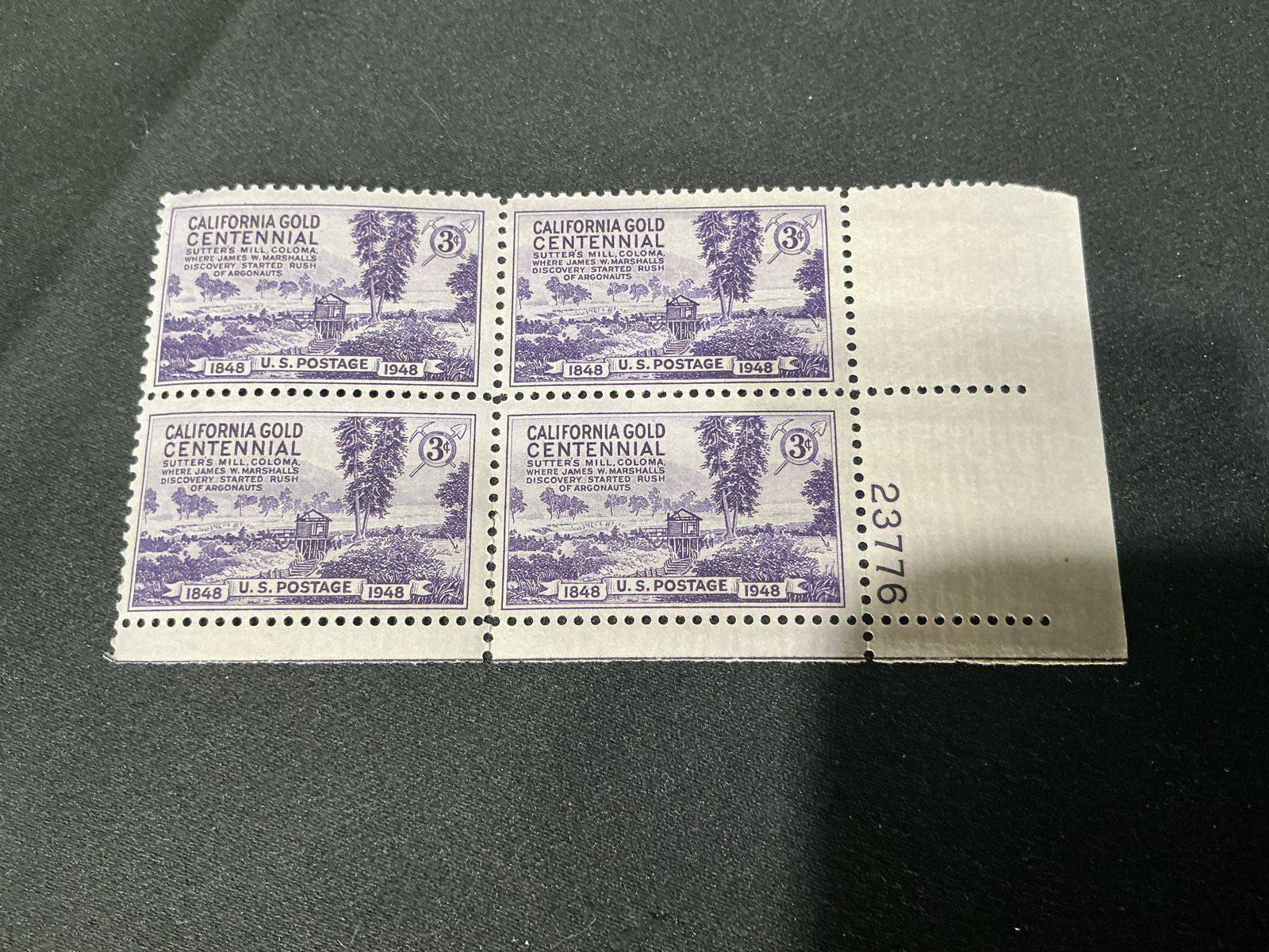 1948 U.S. 3 California Gold Centennial Plate Block (4): Plate block of four 3 U.S. commemoratives for the California Gold Rush centennial (1848-1948), with selvage/plate number.
