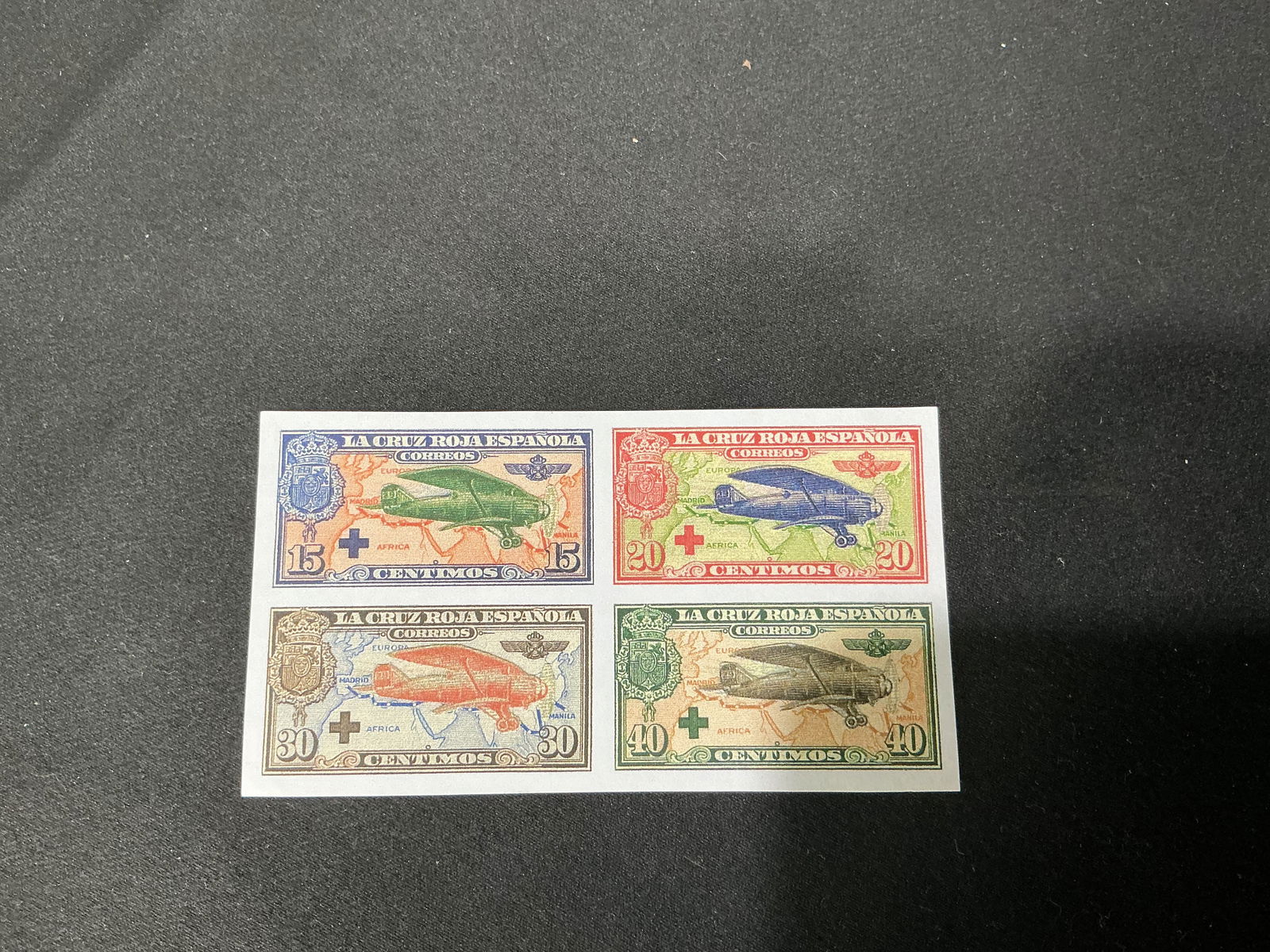 Spanish Red Cross Airmail Charity Stamps (4) Airplane Issue: Group of four Spanish Red Cross charity/airmail stamps featuring airplane design; colorful set as pictured.