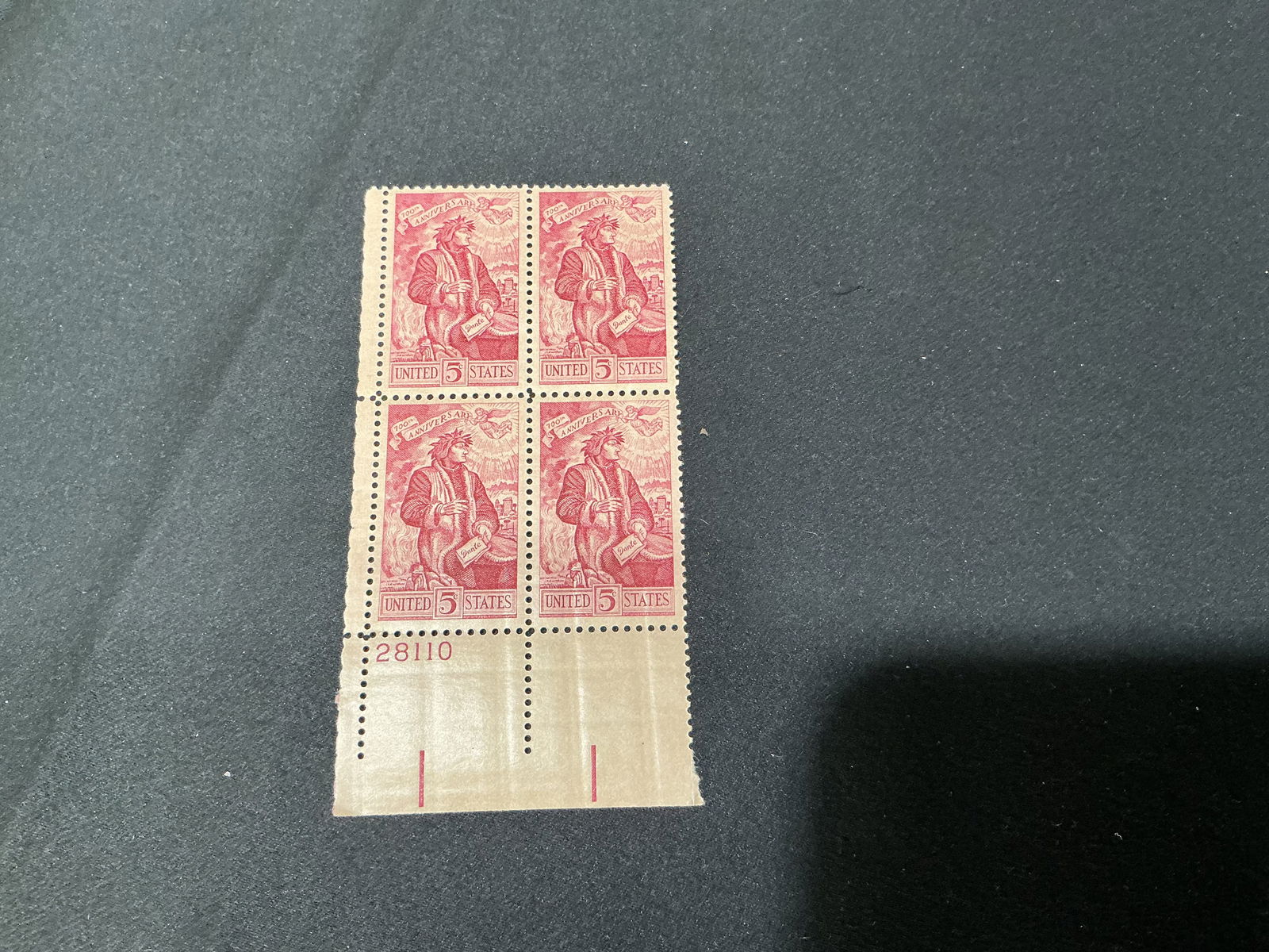 1948 U.S. 5 Wisconsin Statehood Plate Block (4): U.S. 5 Wisconsin statehood centennial commemorative in a plate block of four with plate number, featuring Dante.