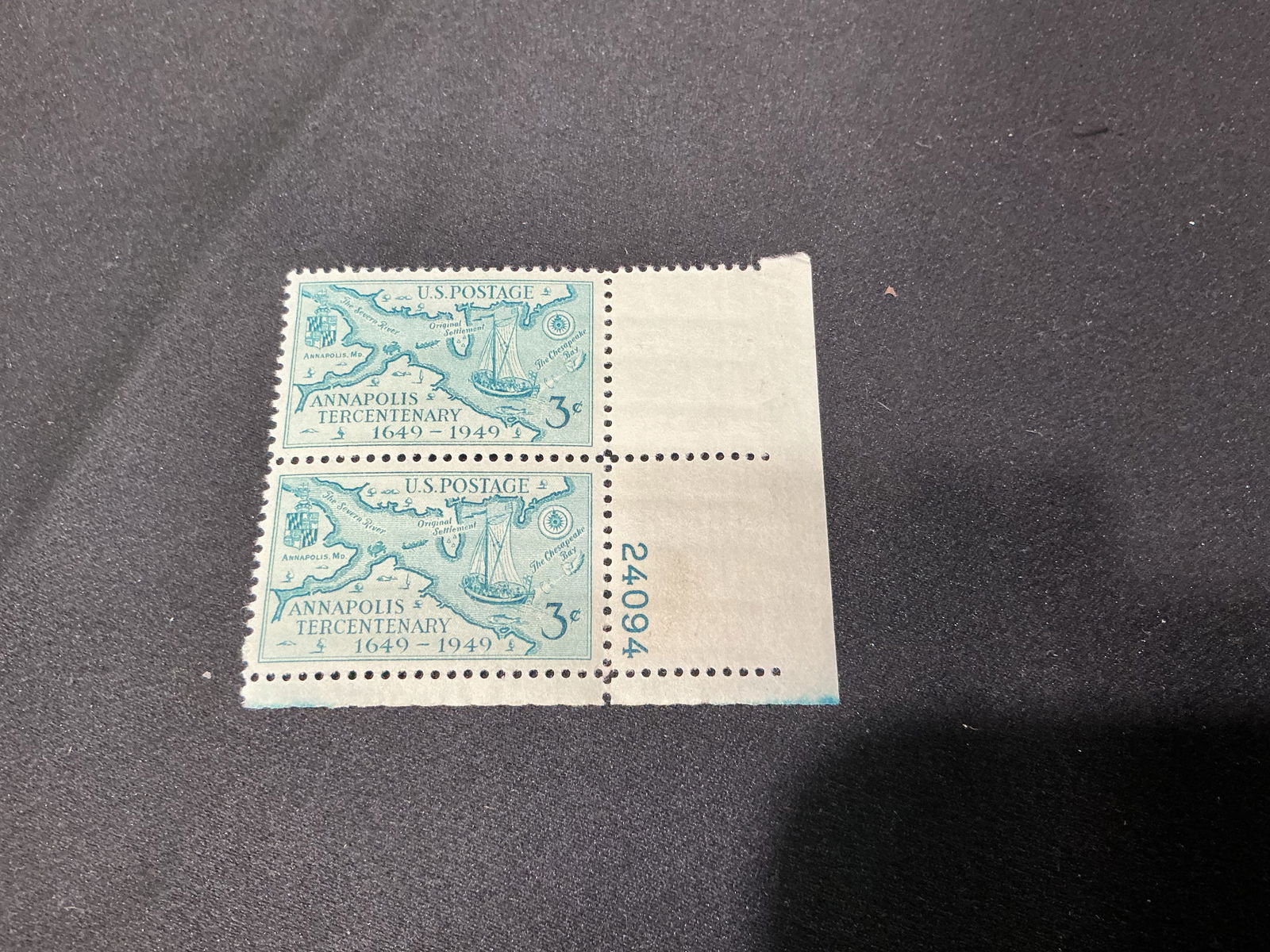 1949 U.S. 3 Annapolis Tercentenary Plate Pair (1 of 1)