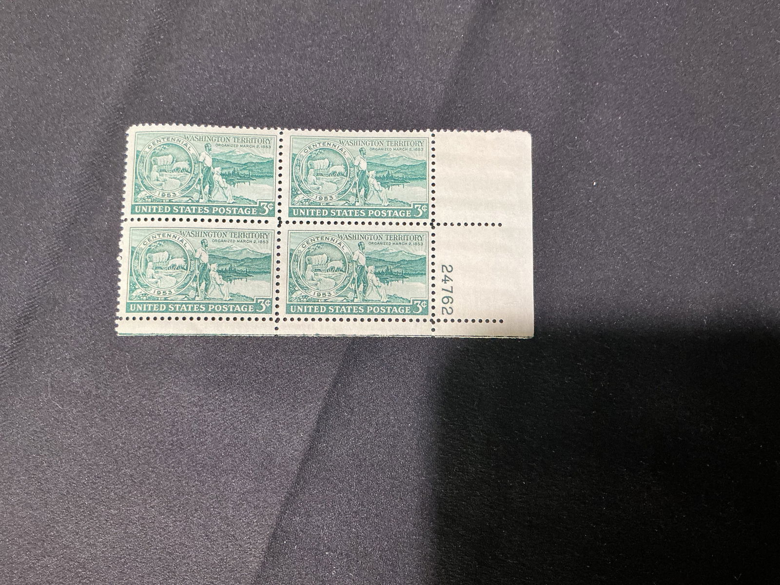 1953 U.S. 3 Washington Territory Centennial Plate Block (4): U.S. 3 Washington Territory Centennial (1853-1953) plate block of four with plate number.