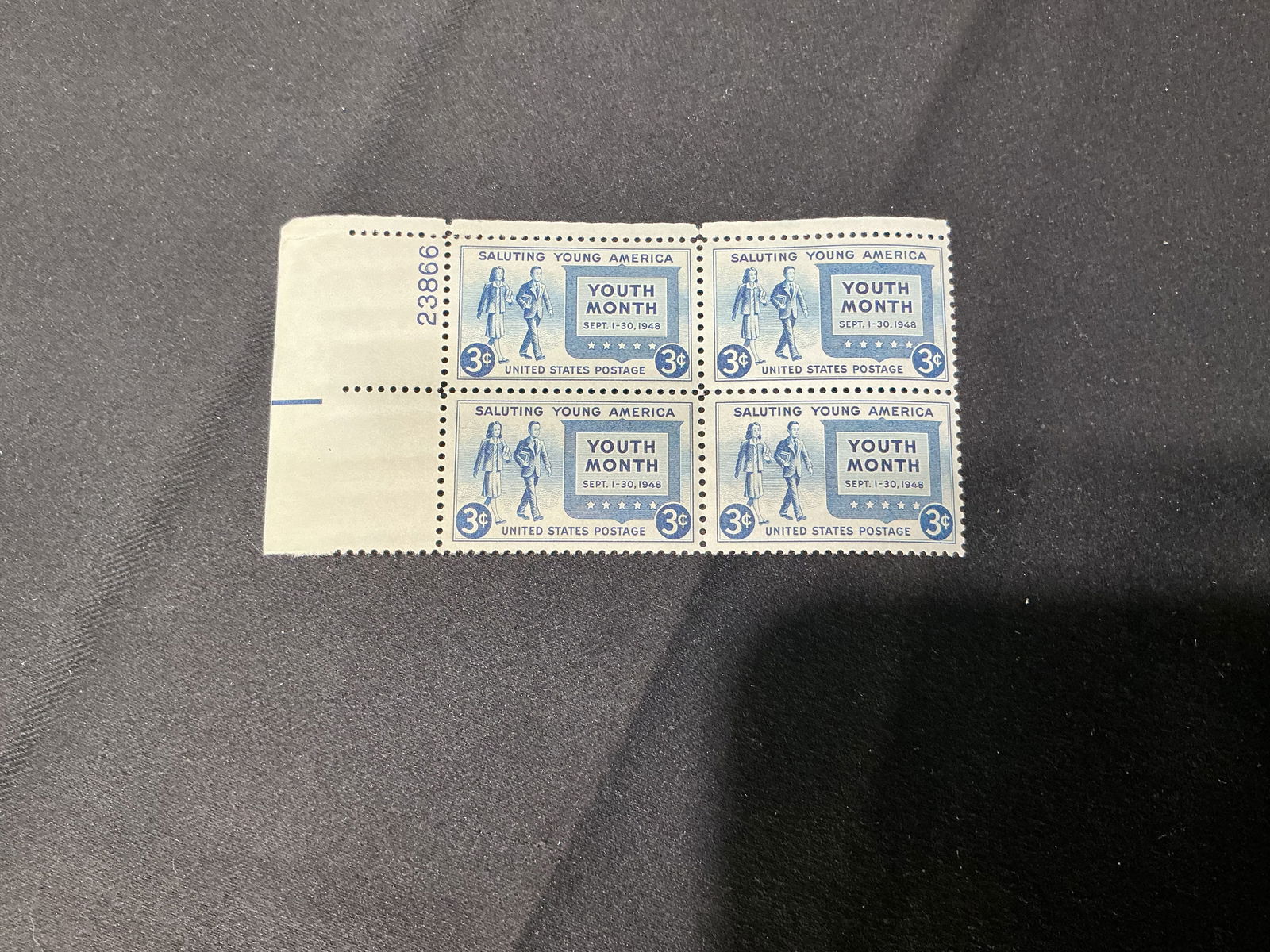 1948 U.S. 3 Youth Month' Plate Block (4): U.S. 3 Youth Month (Saluting Young America) commemorative in a plate block of four with plate number.