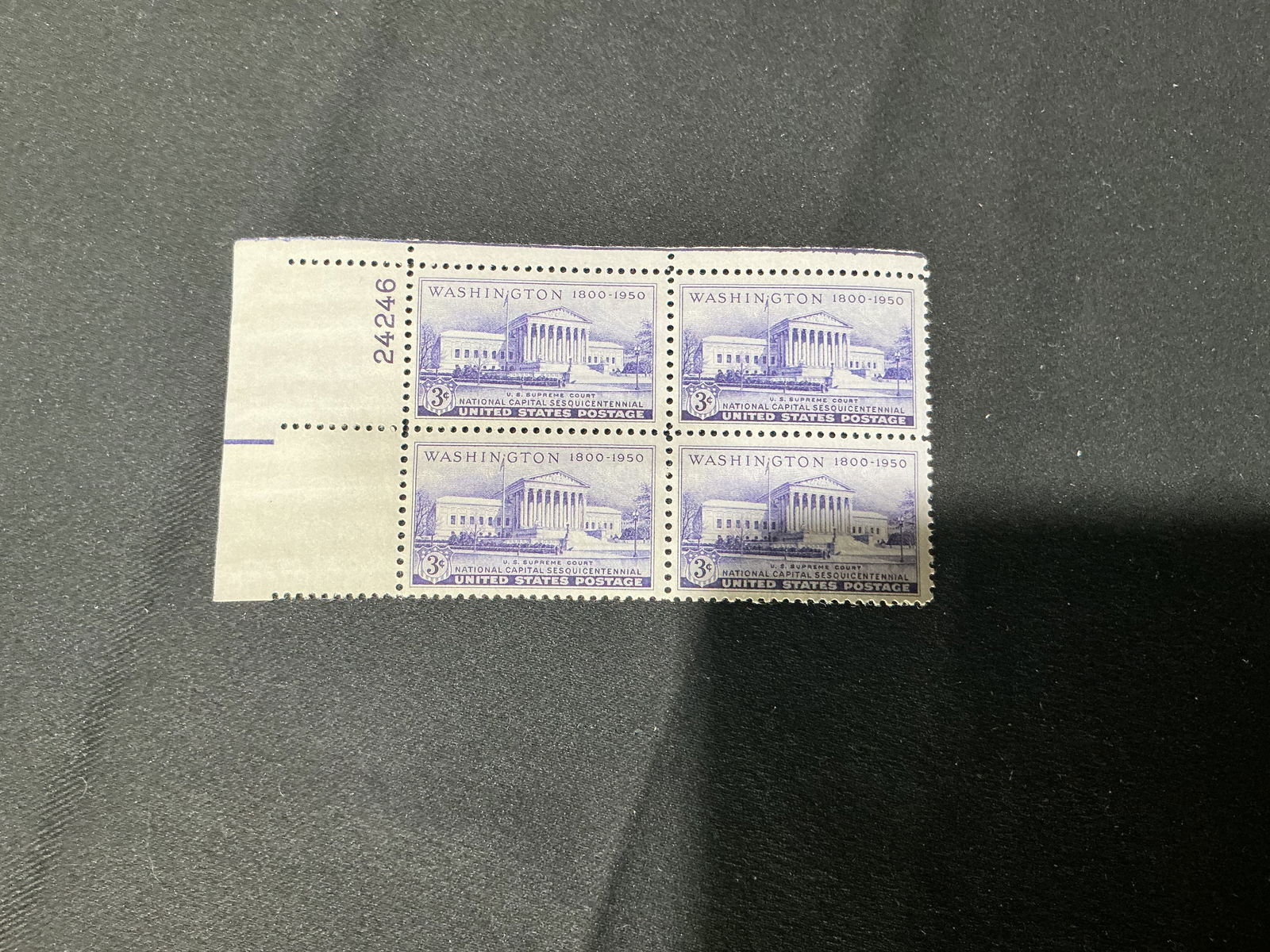 1950 U.S. 3 Washington National Capital Sesquicentennial Supreme Court Plate Block (4): U.S. 3 Washington National Capital Sesquicentennial (1800-1950) featuring the U.S. Supreme Court building; plate block of four with plate number.